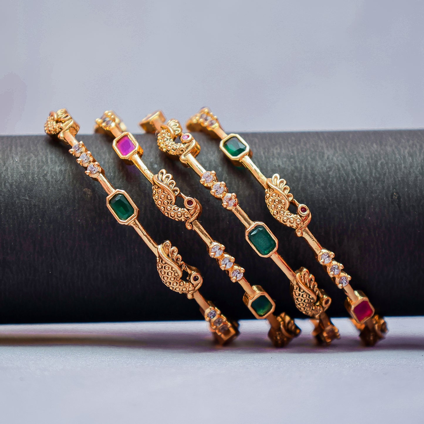 Traditional Gold-Plated Peacock & Stone Bangle Set