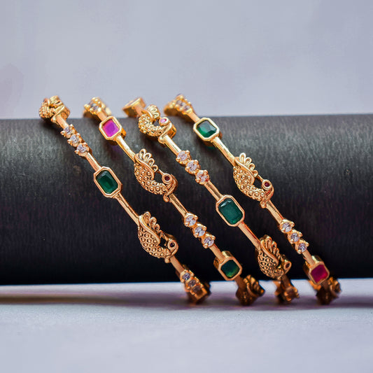 Traditional Gold-Plated Peacock & Stone Bangle Set