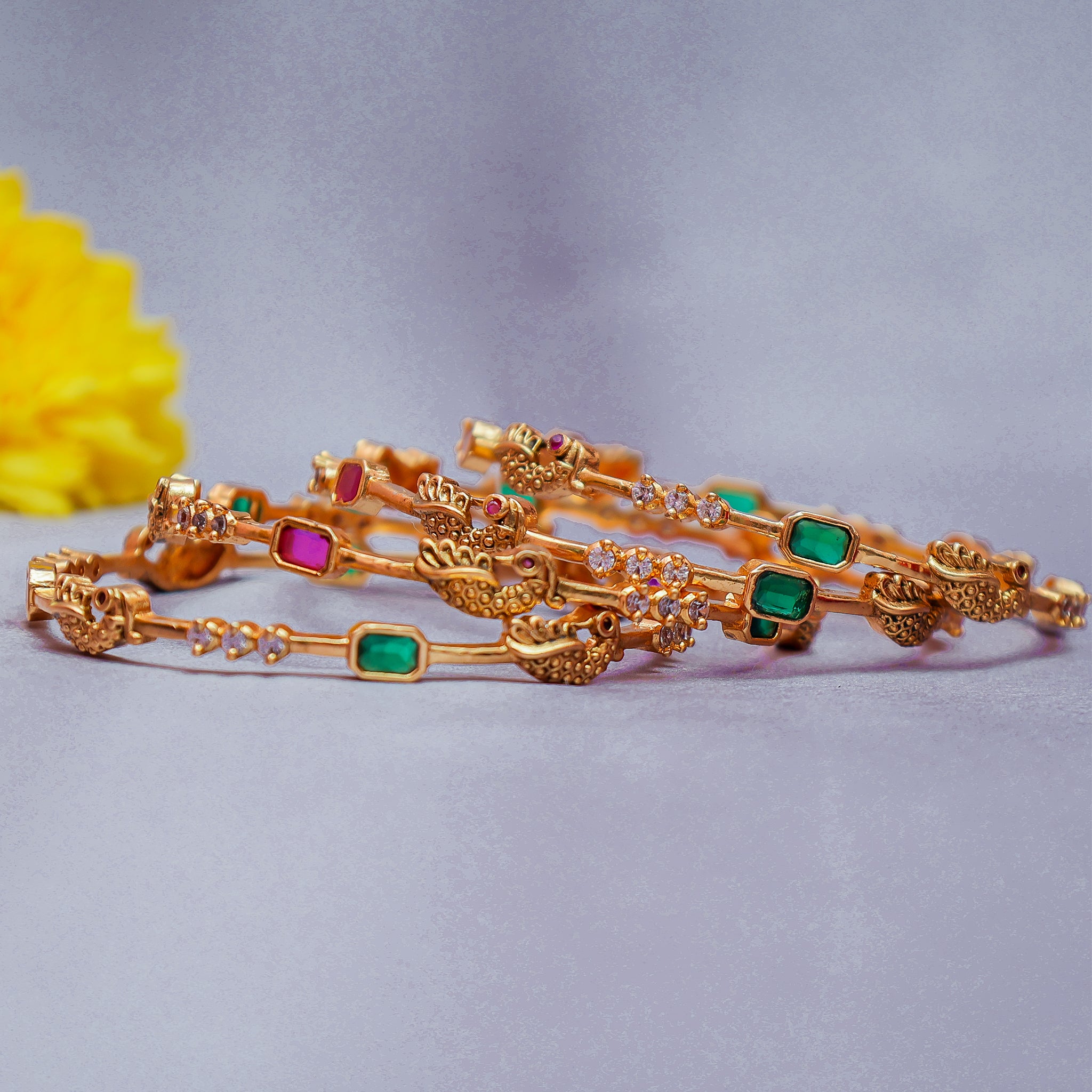 Traditional Gold-Plated Peacock & Stone Bangle Set