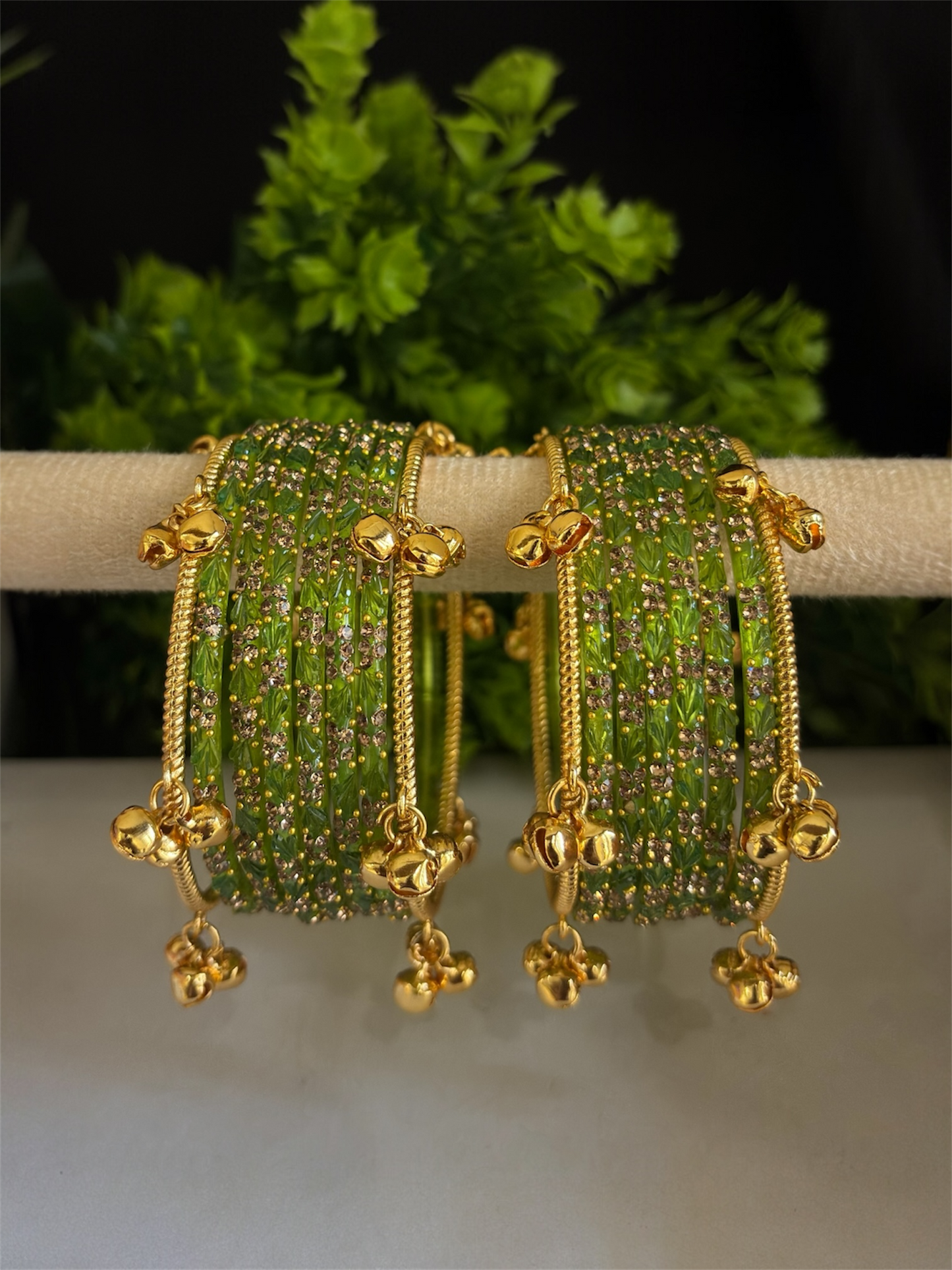 Olive Glass Bangles with Gold Ghungroo Bangles