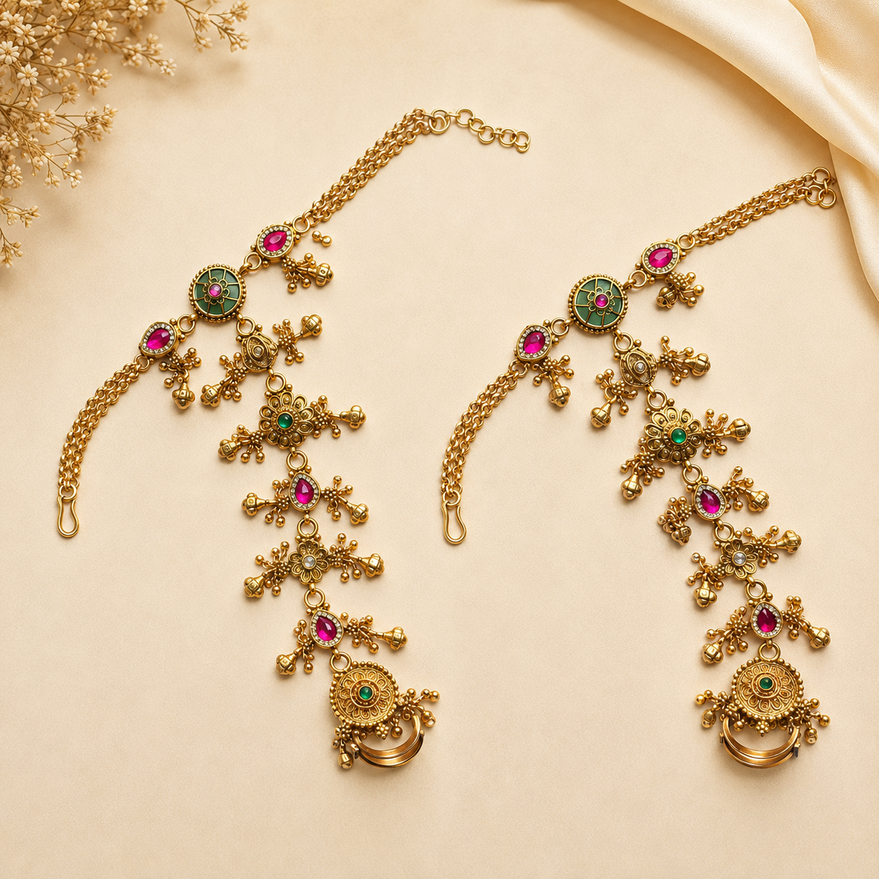 Antique Gold Ruby and Emerald Haath Phool