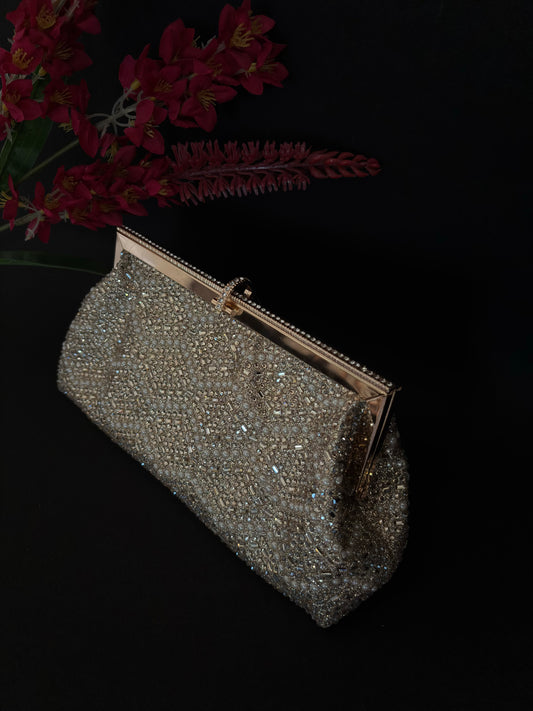 Hand-Embellished Clutch with Zardosi Work and White Pearls