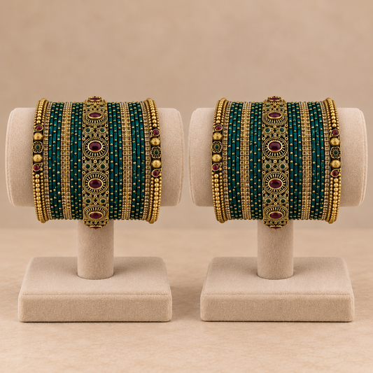 Traditional Teal Green Temple Design Bangle Set