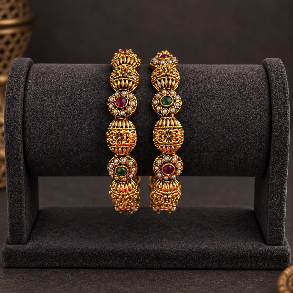 Antique Floral Pearl Temple Kada Set