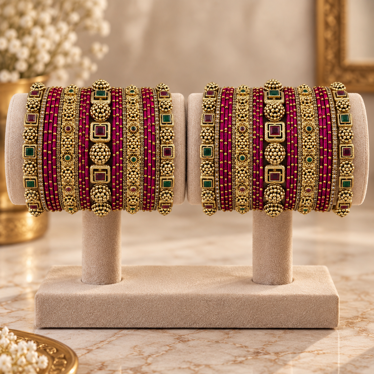 Pink Thread Antique Bridal Bangle Set