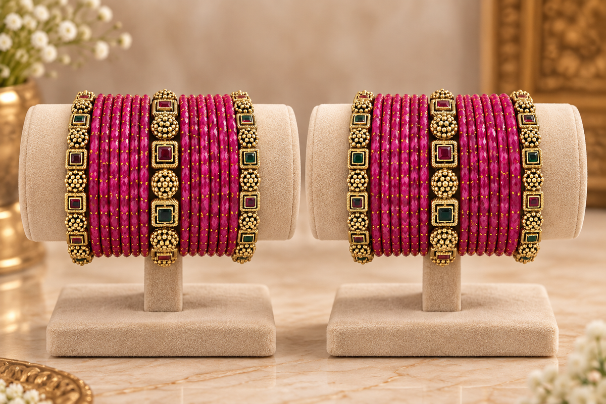 Traditional Magenta Glass Bangle Set