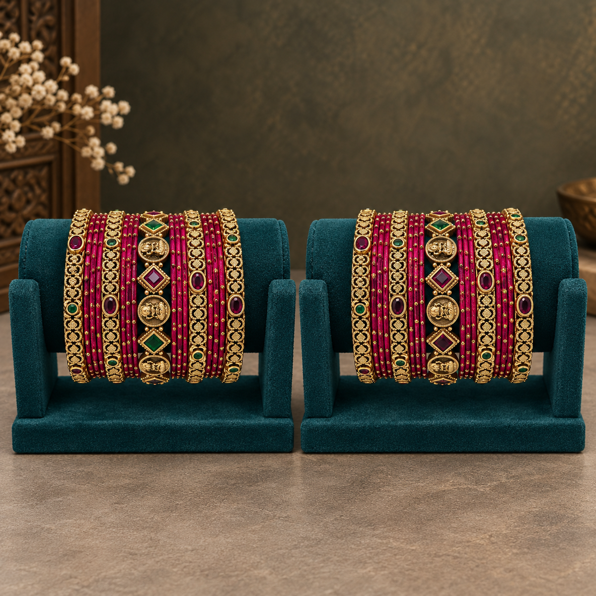 Traditional Rani Pink and Antique Gold Bridal Bangle Set