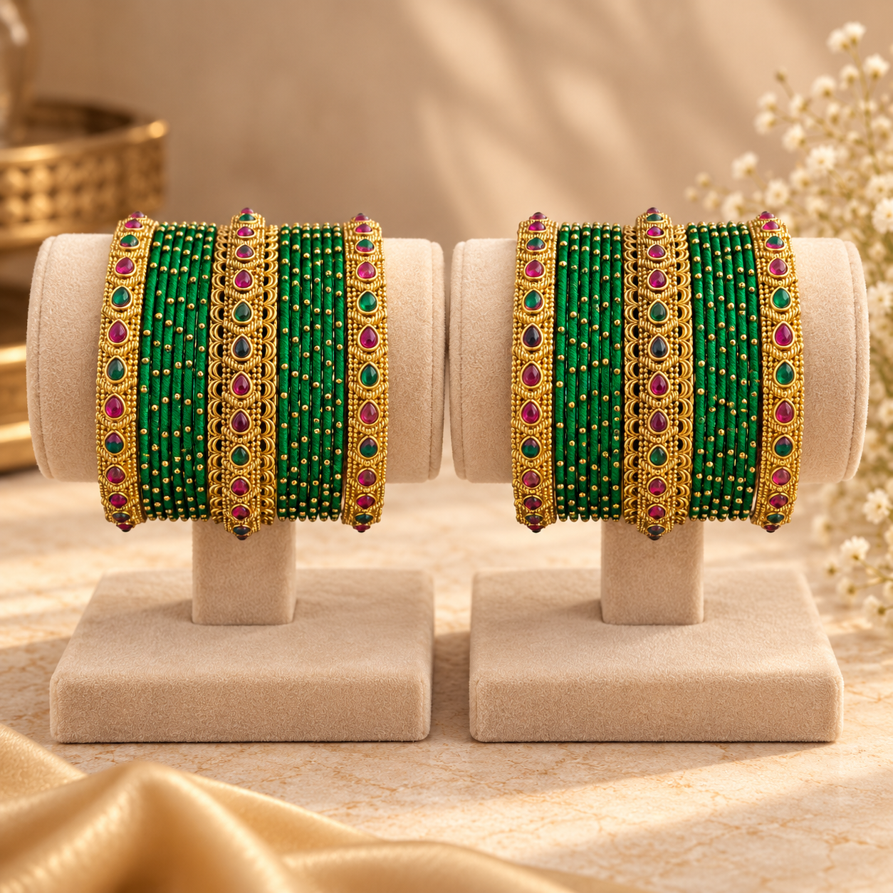Green Thread Antique Gold Bangle Set