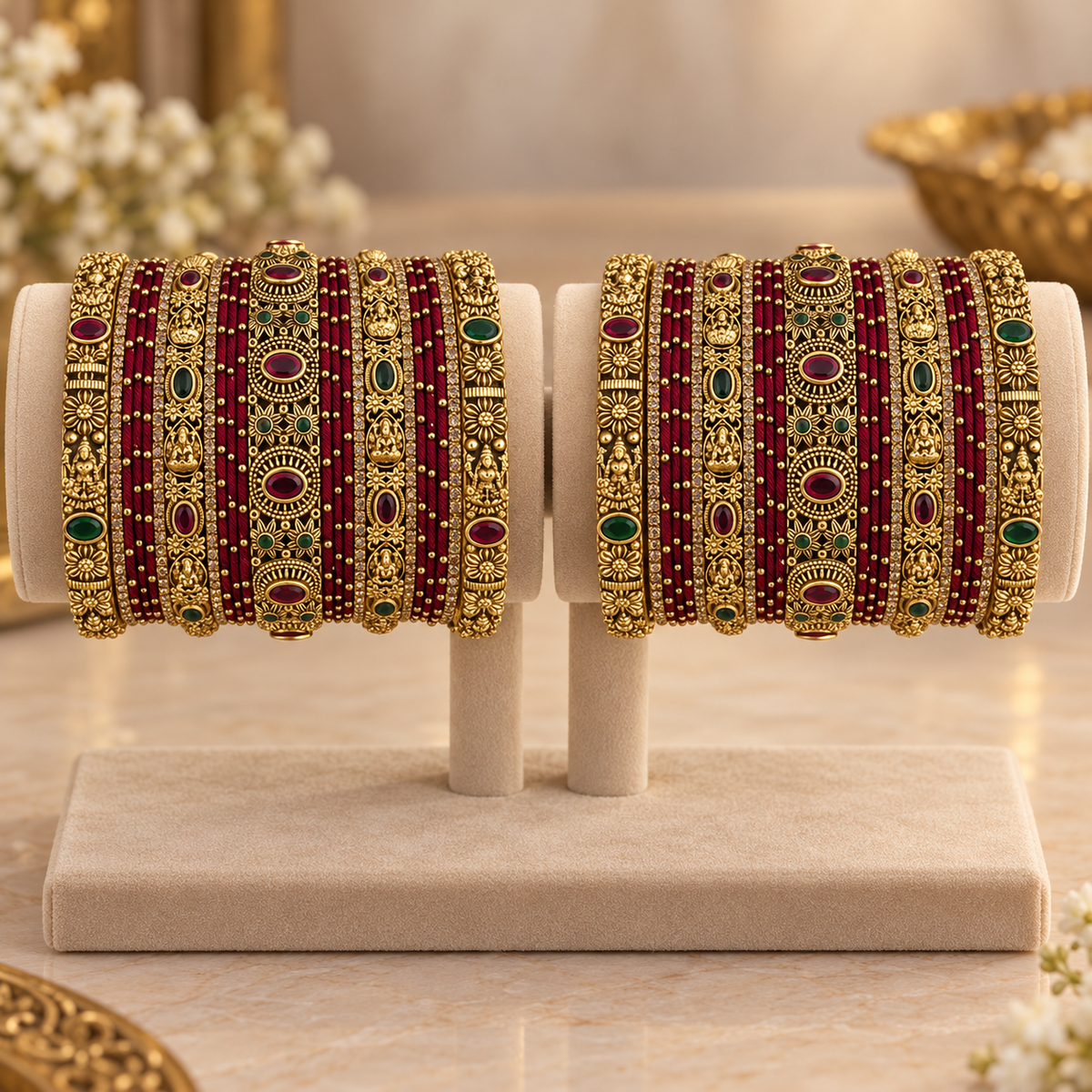 Grand Maroon Stone Traditional Bangle Set