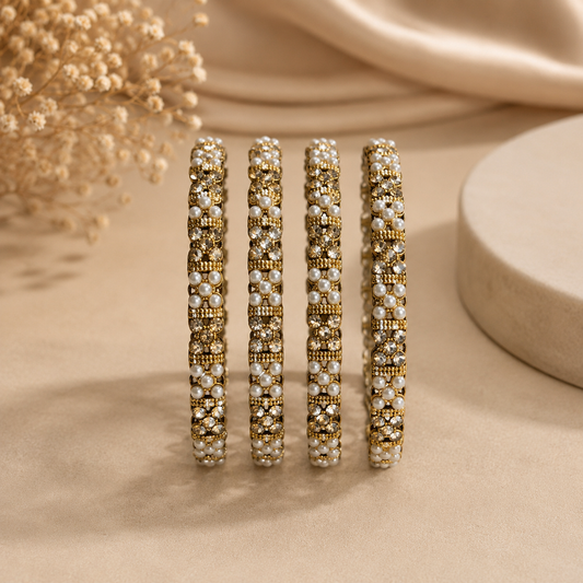 Pearl Flower Design Bangles – Set of 4