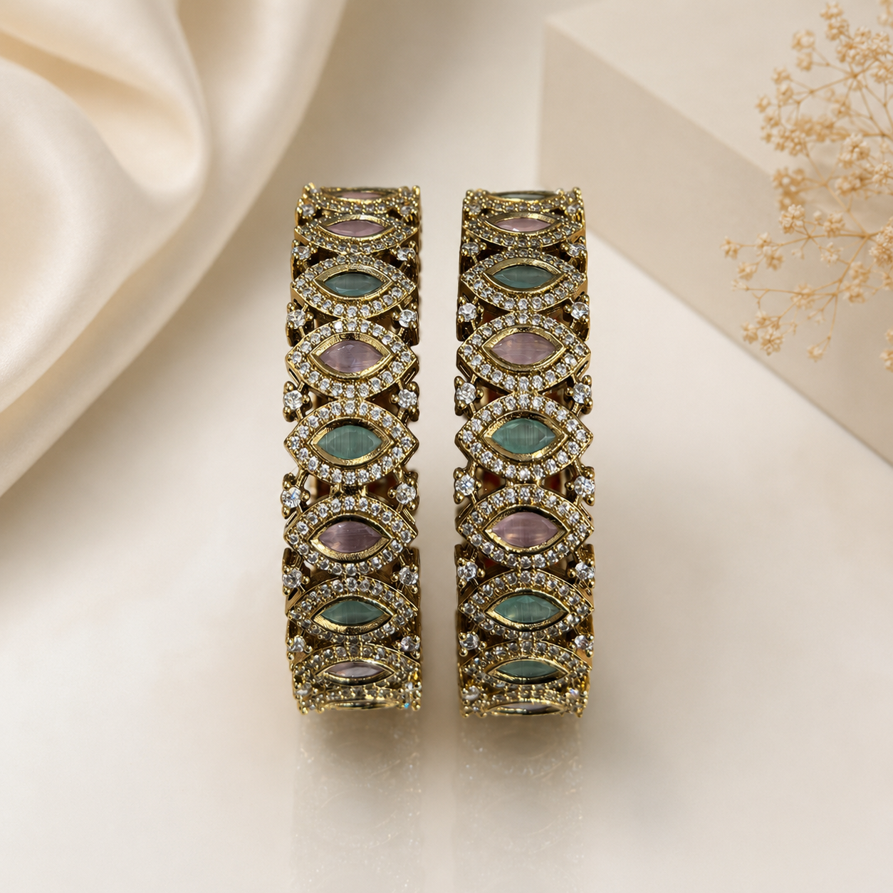 Gulab-e-Pista" Dual-Tone Kundan-Style Bangle Set