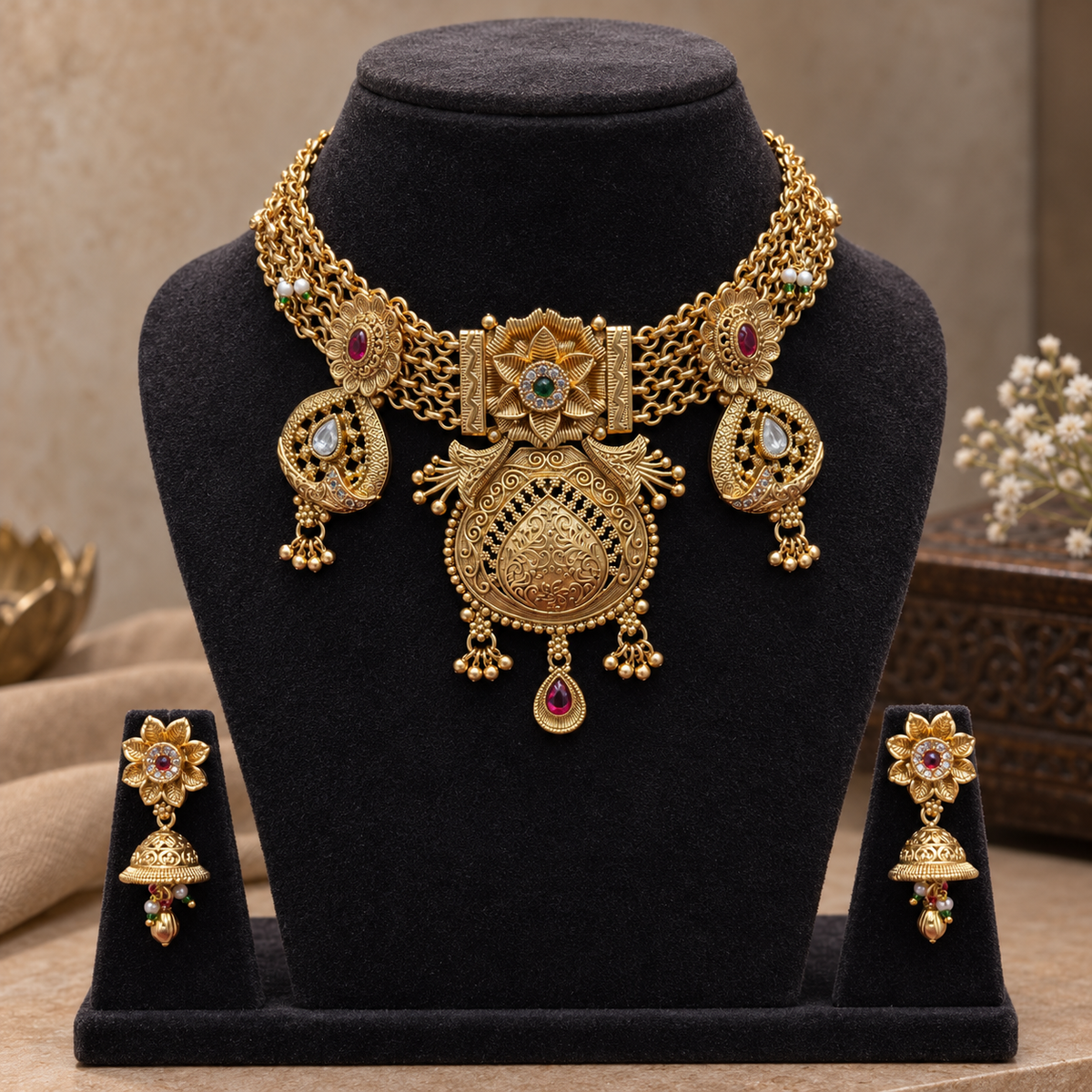 Antique Gold Grand Bridal Necklace Set
