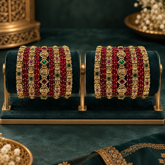 Antique Gold Maroon Thread Bridal Bangles Set