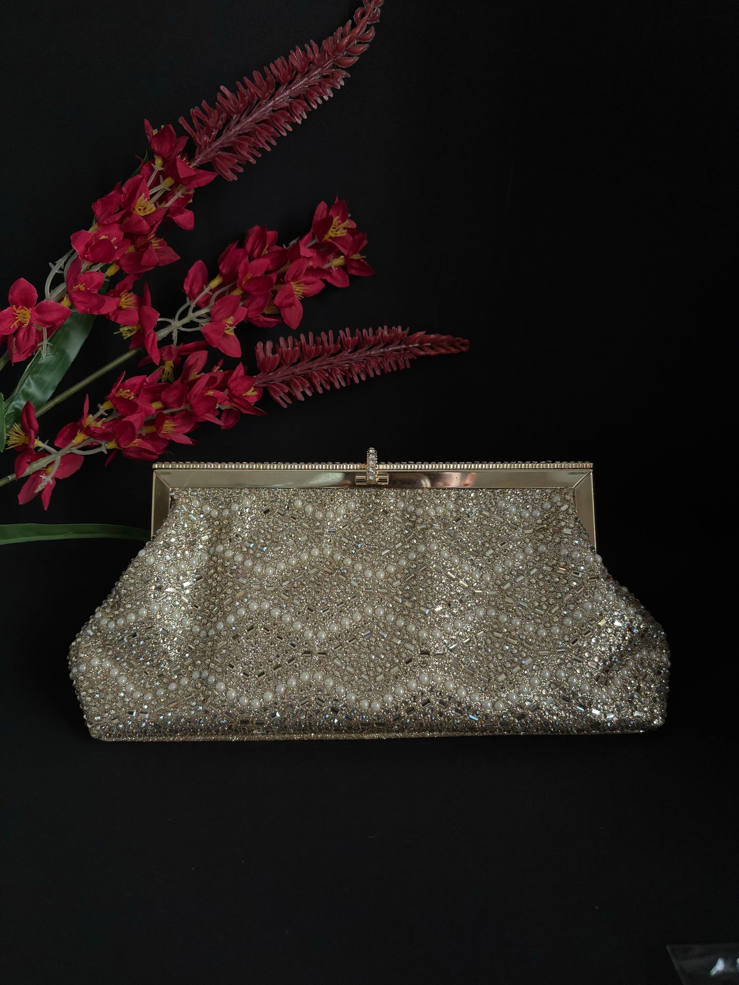 Hand-Embellished Clutch with Zardosi Work and White Pearls