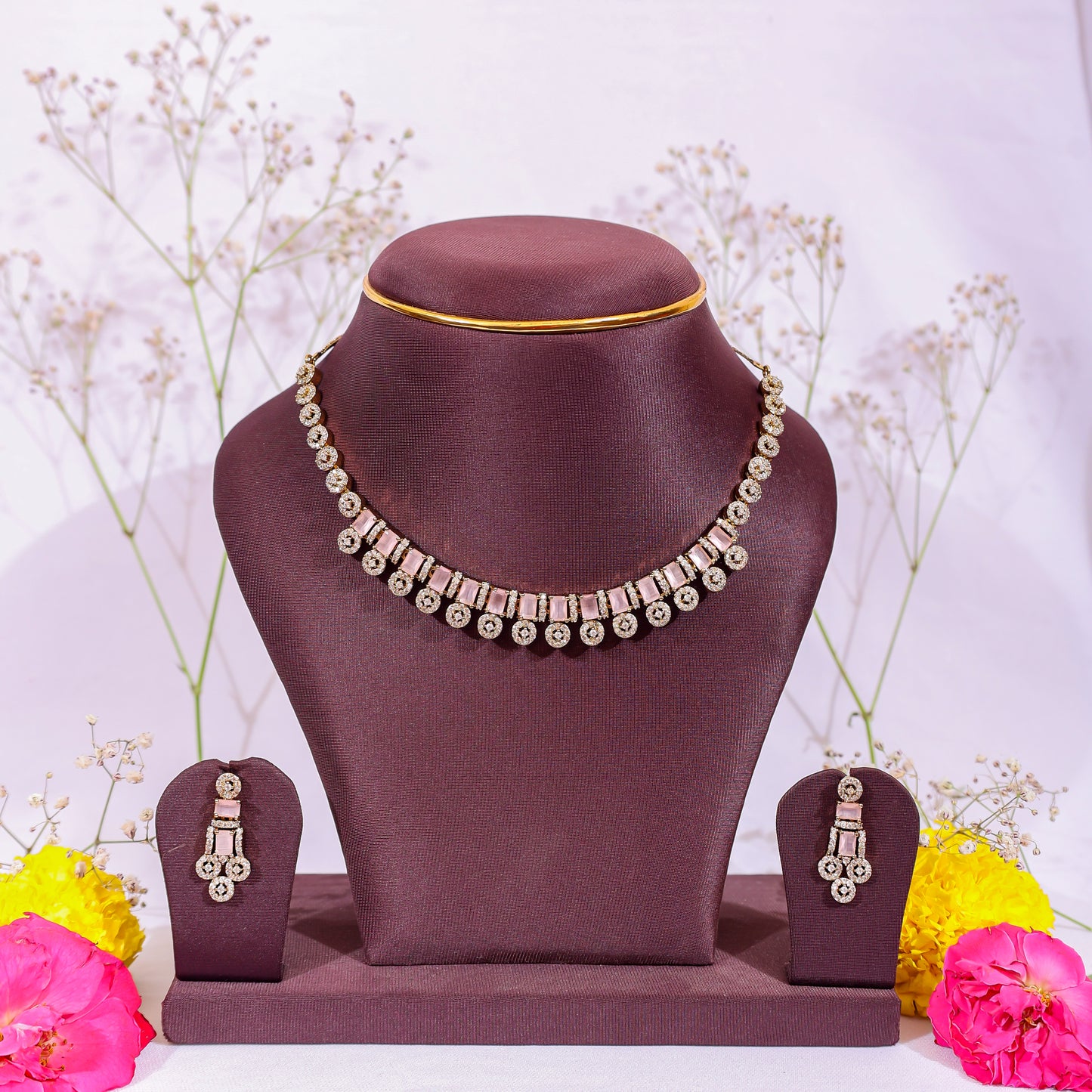 Pastel Pink Geometric Stone & Zircon Ensemble