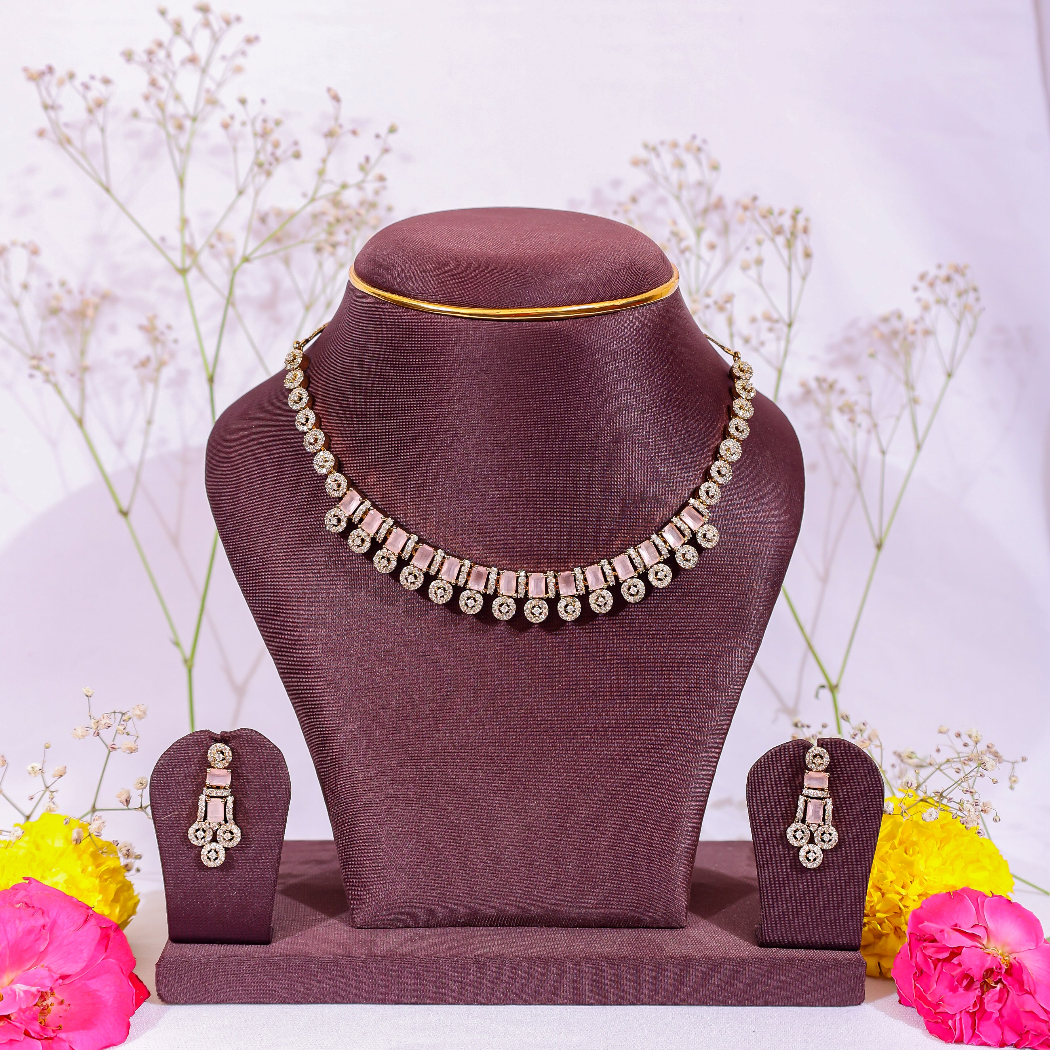 Pastel Pink Geometric Stone & Zircon Ensemble
