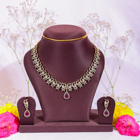 Floral Peacock Bloom AD Stone Necklace Set