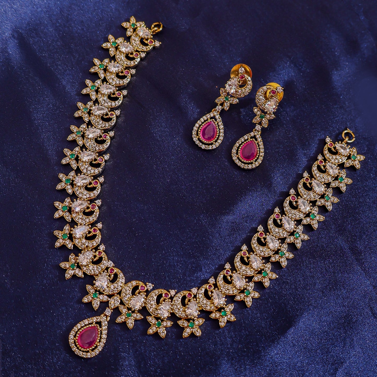 Floral Peacock Bloom AD Stone Necklace Set
