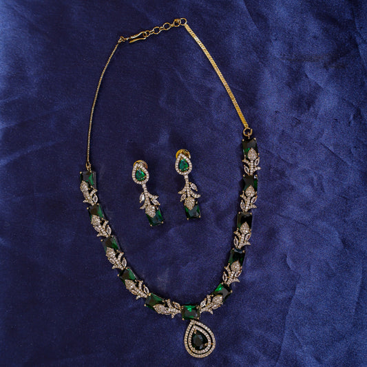 Emerald Green AD Leaf Motif Necklace Set