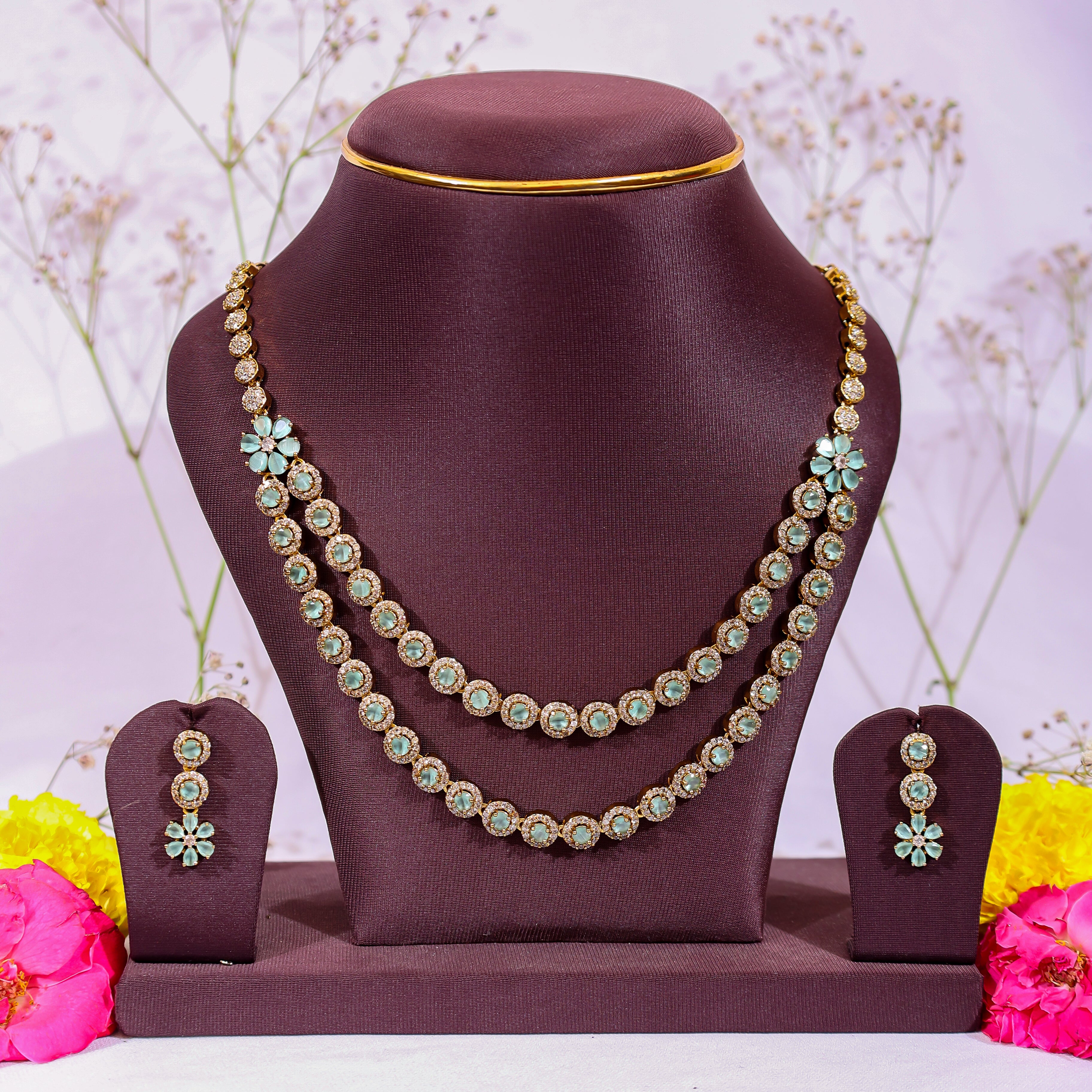Pastel Floral Charm: 2-Layer Mint & CZ Gold-Plated Set