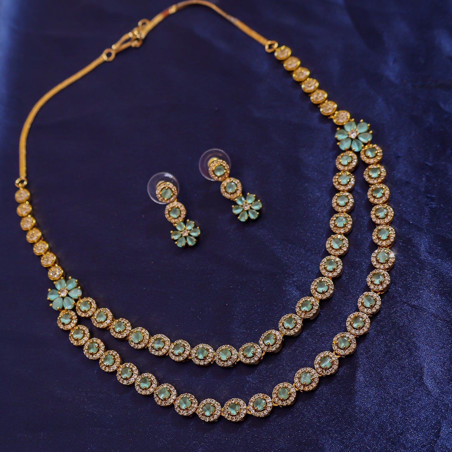 Pastel Floral Charm: 2-Layer Mint & CZ Gold-Plated Set