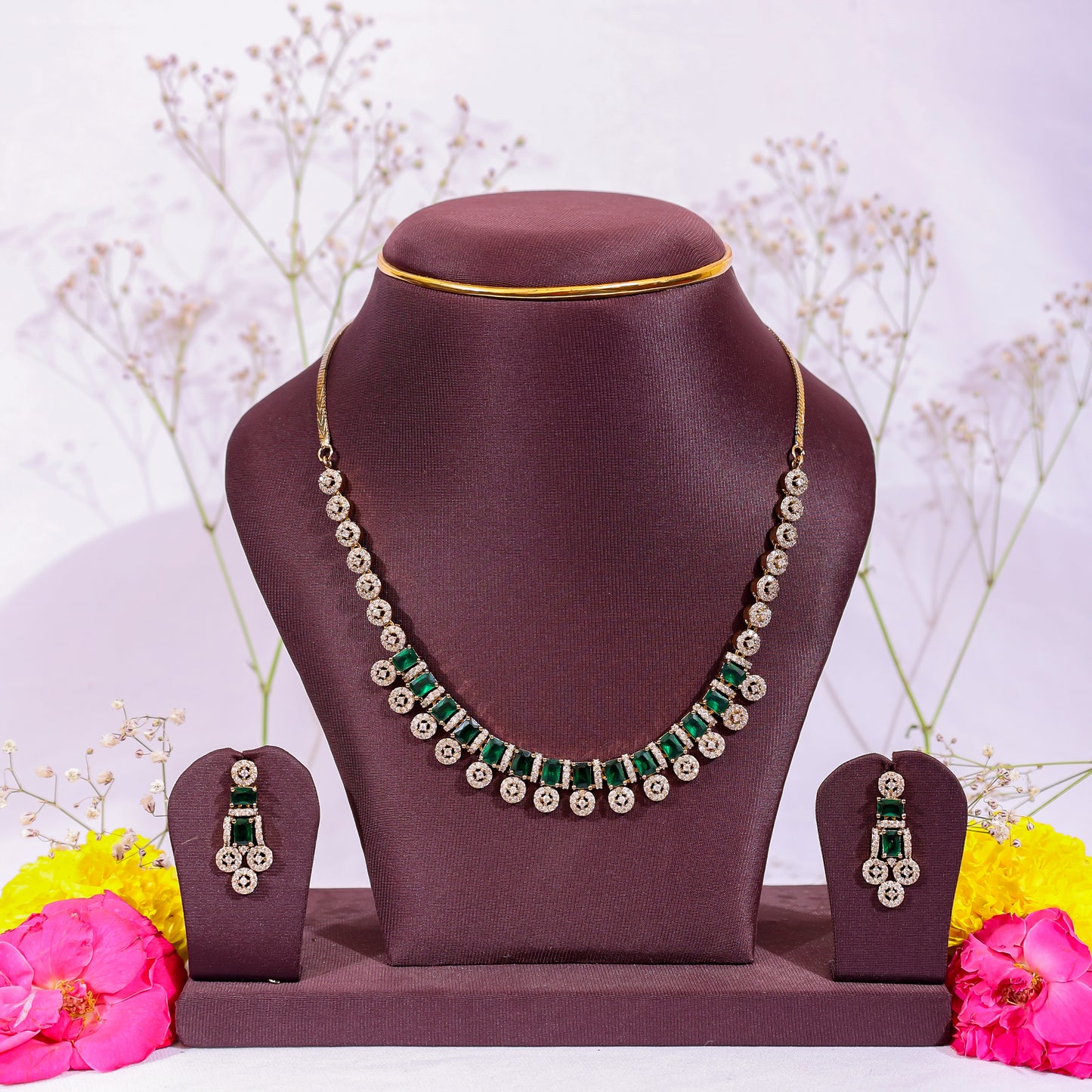 Emerald Baguette & AD Stone Necklace Set