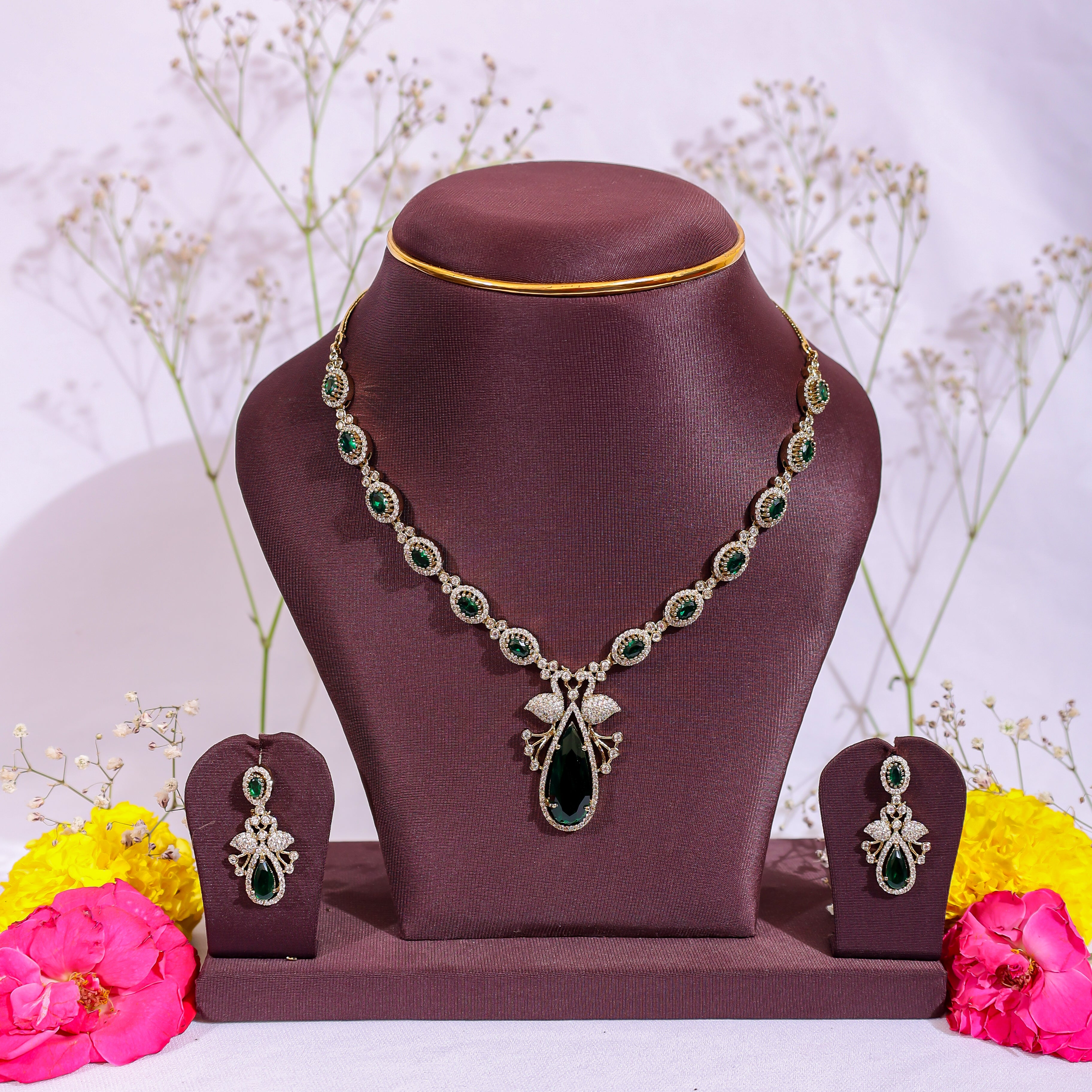Emerald Green Teardrop Pendant Set with AD Accents