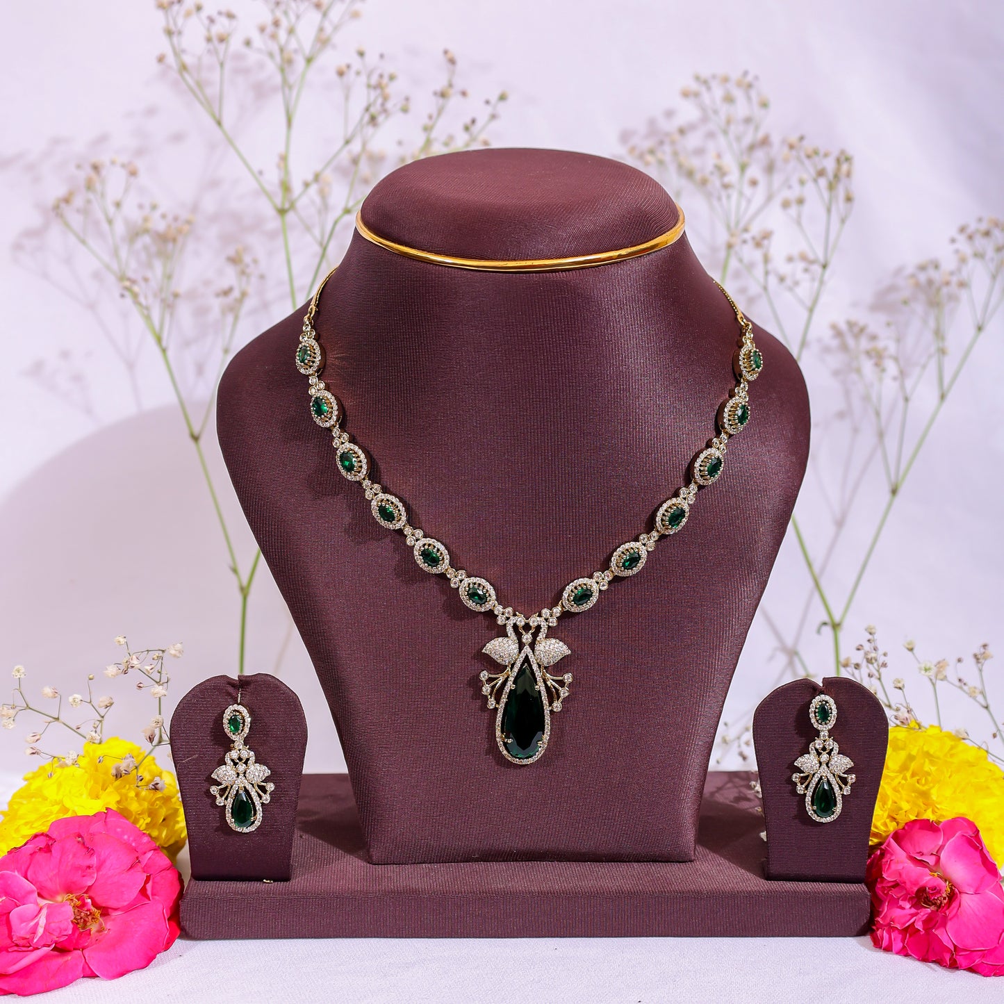 Emerald Green Teardrop Pendant Set with AD Accents