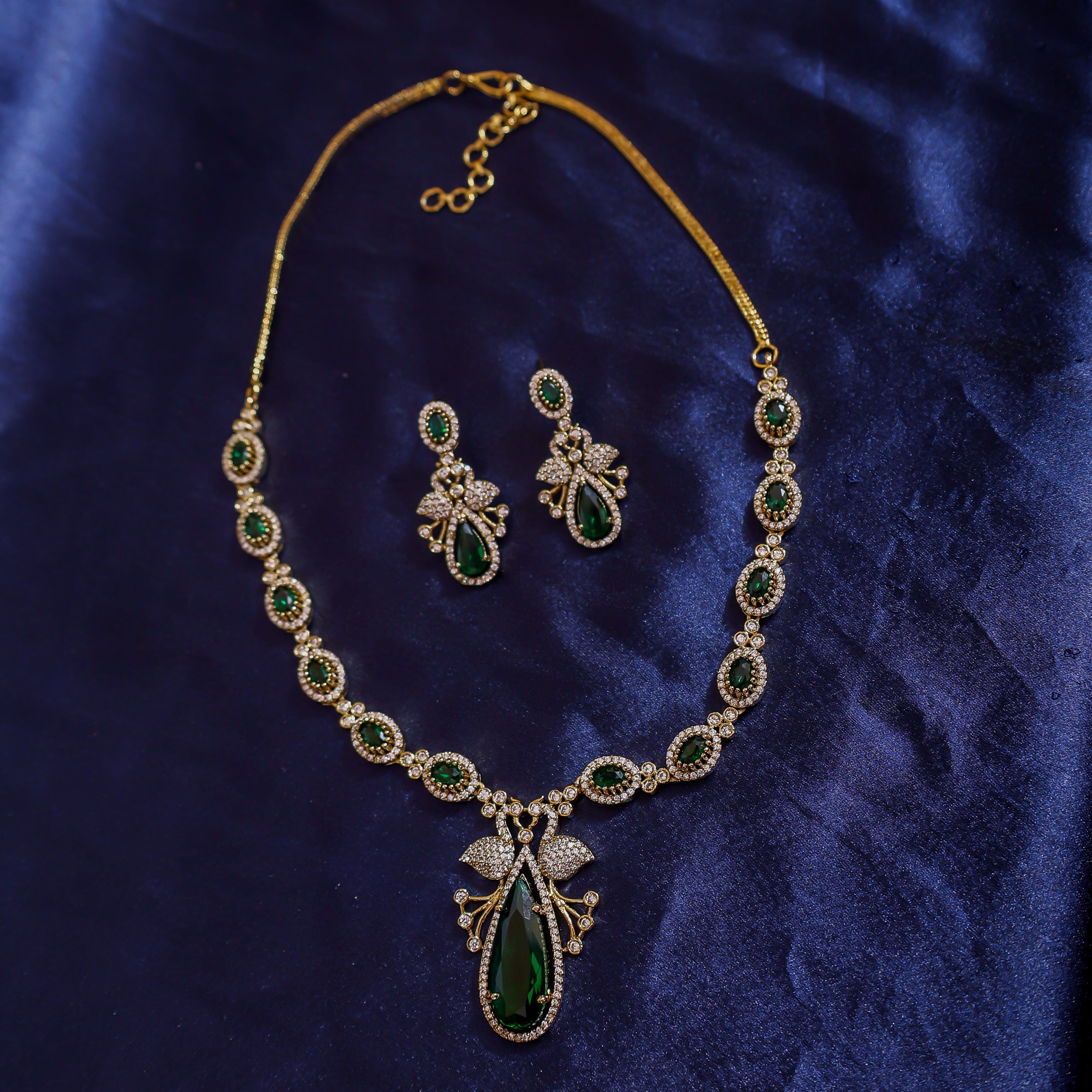 Emerald Green Teardrop Pendant Set with AD Accents