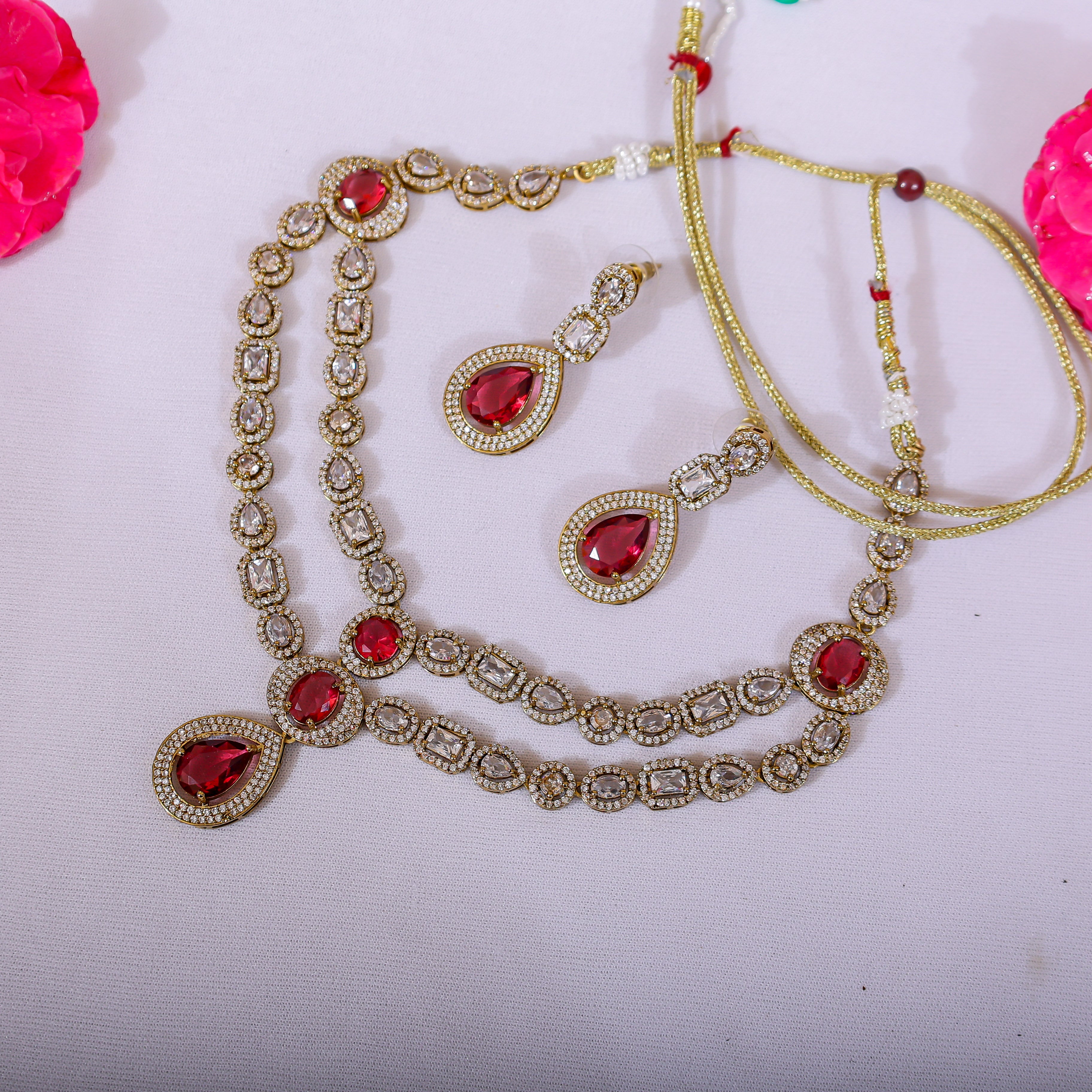 Ruby Essence Double-Layer Necklace & Earrings