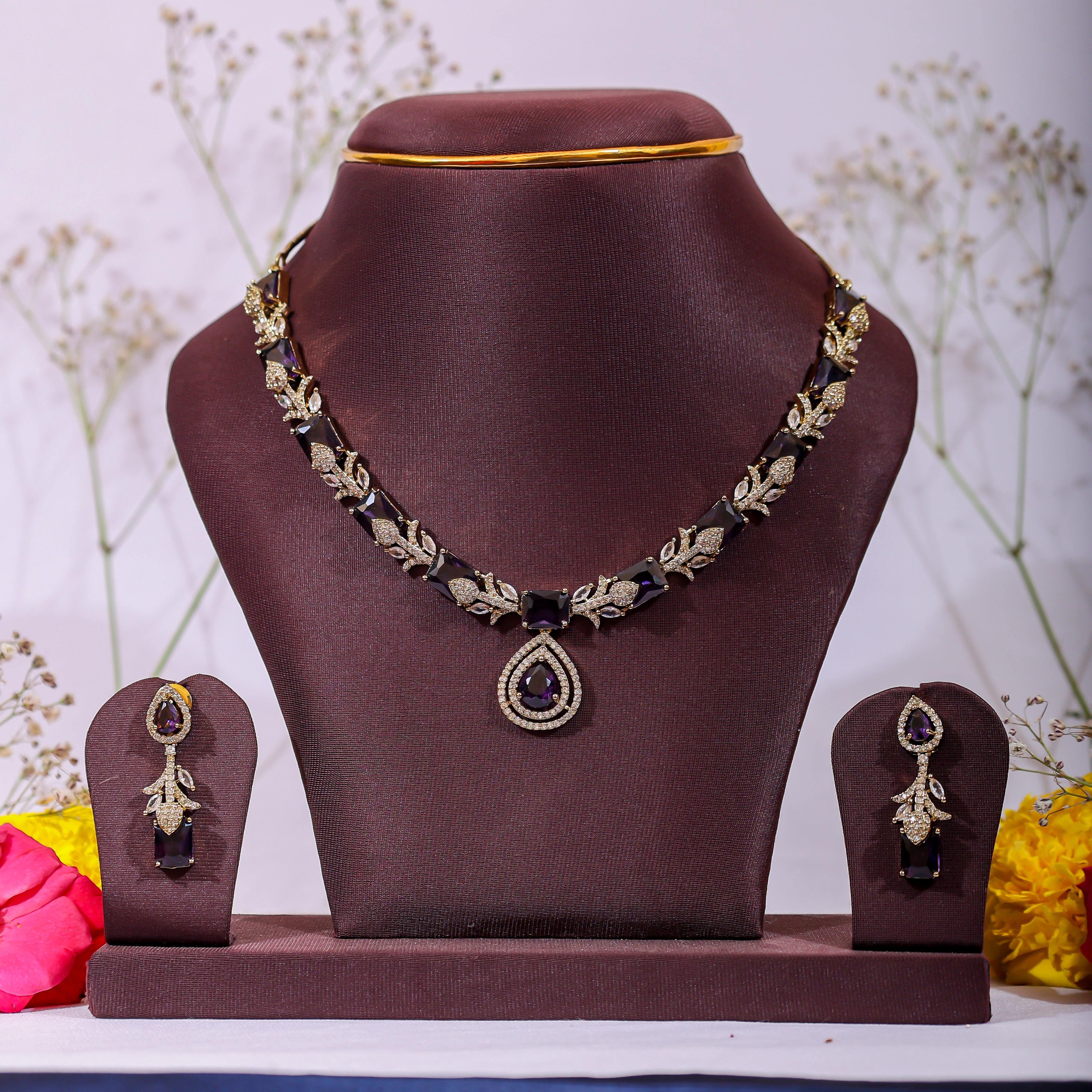 Royal Purple & Gold Tone AD Stone Necklace Set