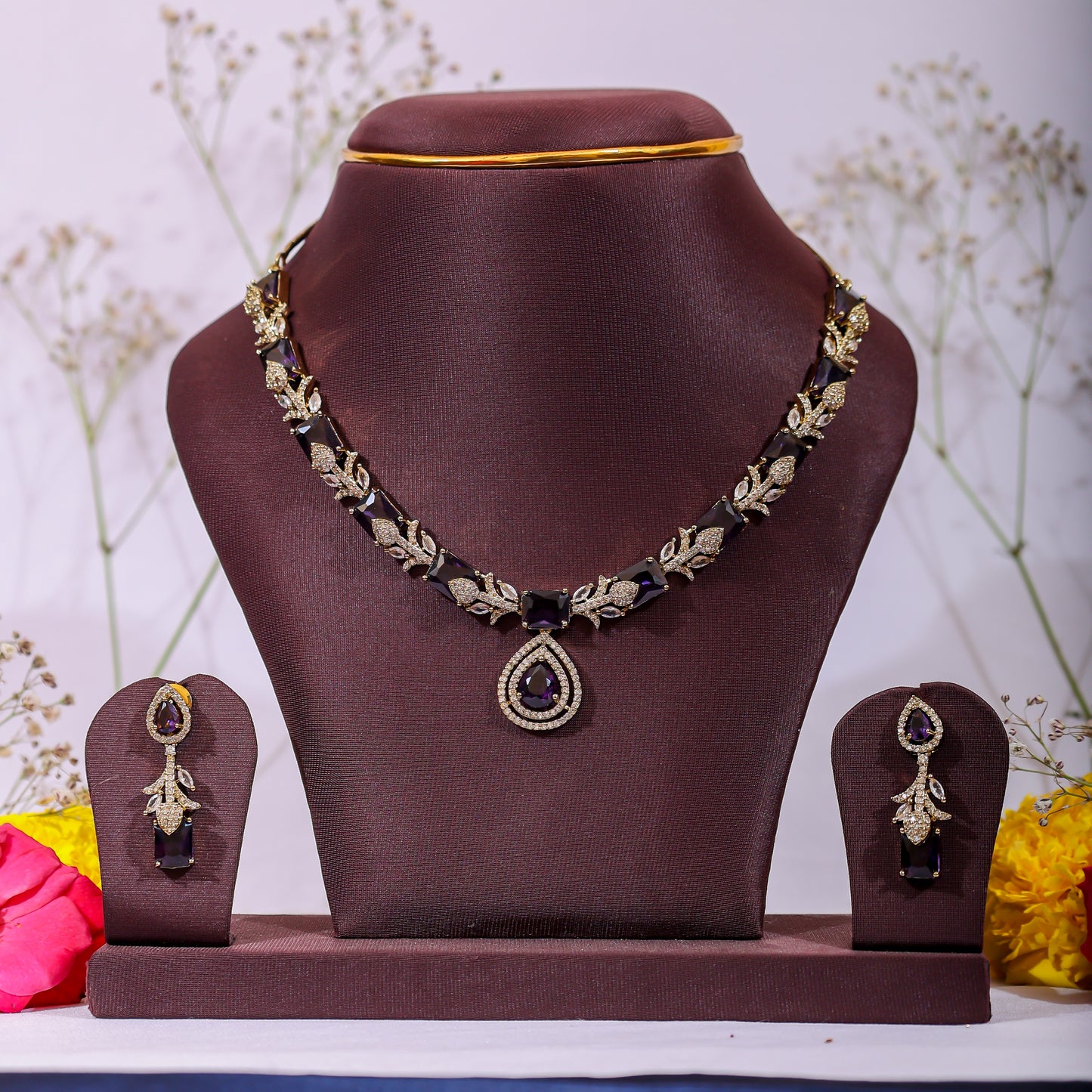 Royal Purple & Gold Tone AD Stone Necklace Set