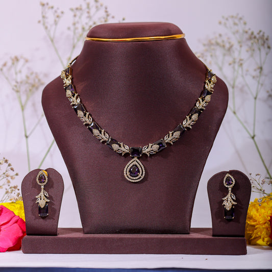 Royal Purple & Gold Tone AD Stone Necklace Set