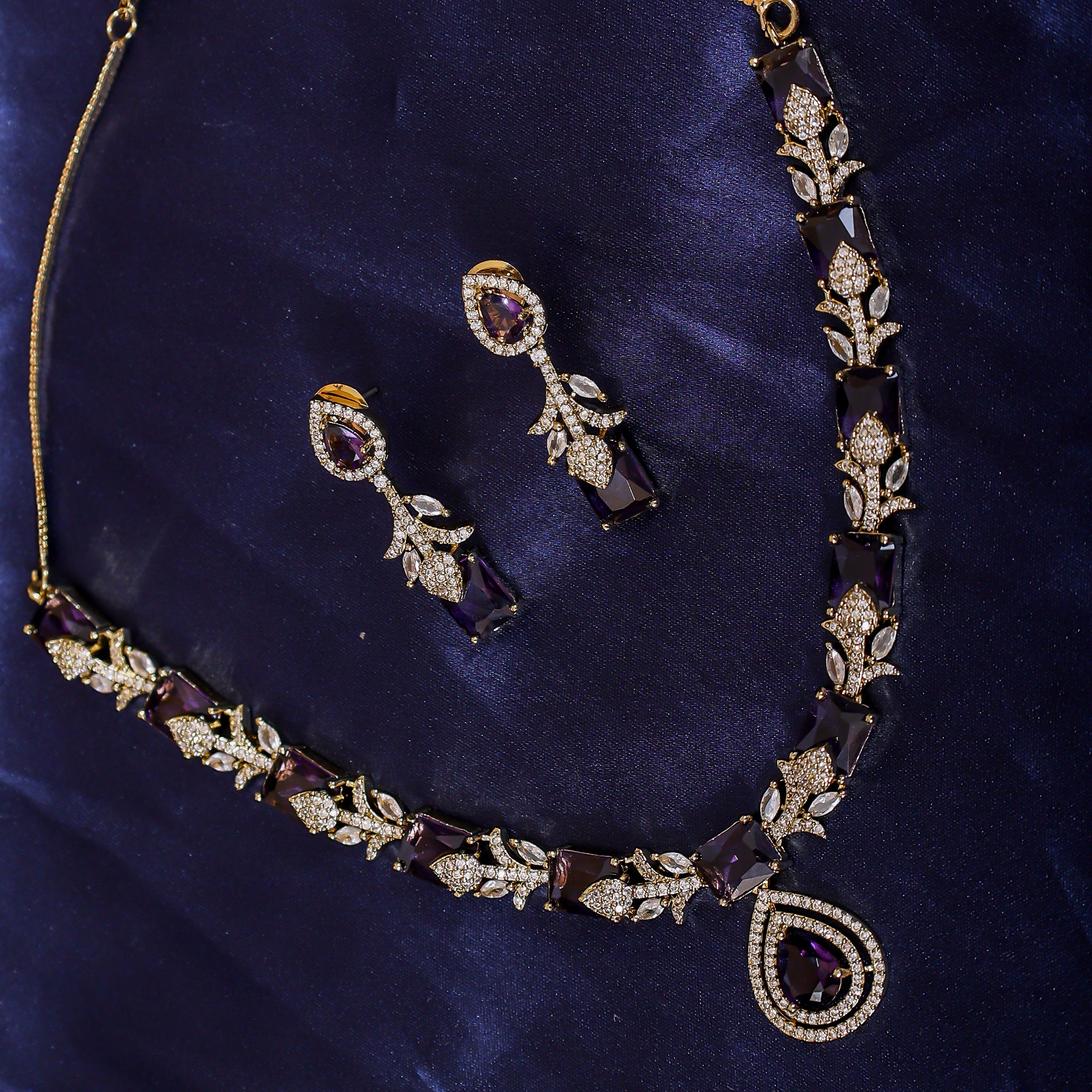 Royal Purple & Gold Tone AD Stone Necklace Set