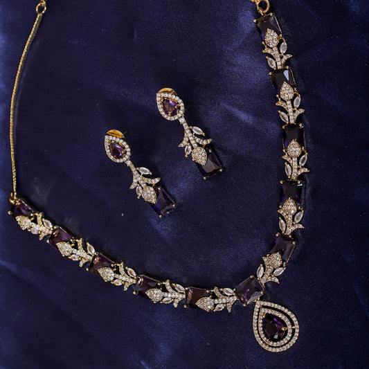 Royal Purple & Gold Tone AD Stone Necklace Set