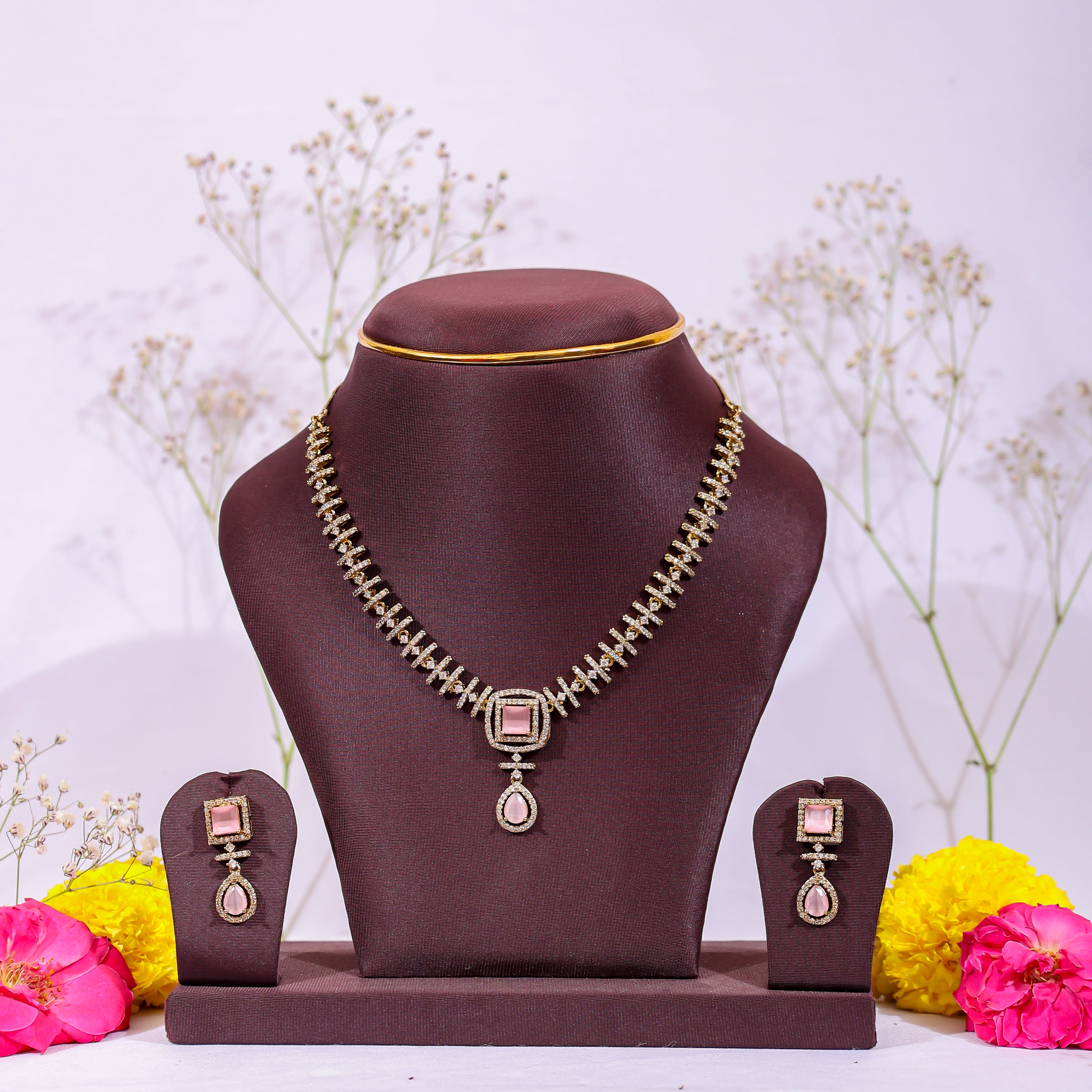 The Blush Pink Square-Drop Stone & AD Set