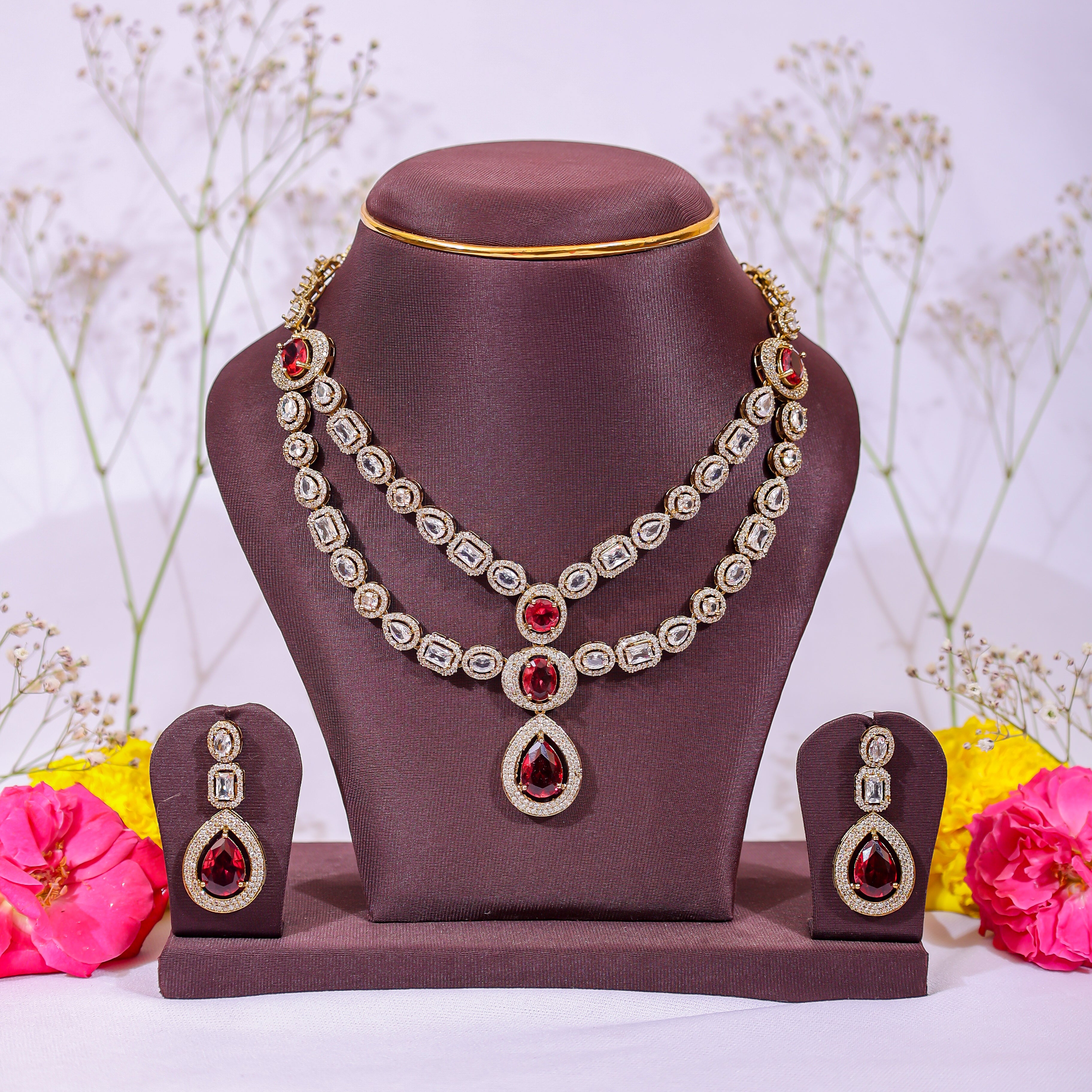 Ruby Essence Double-Layer Necklace & Earrings