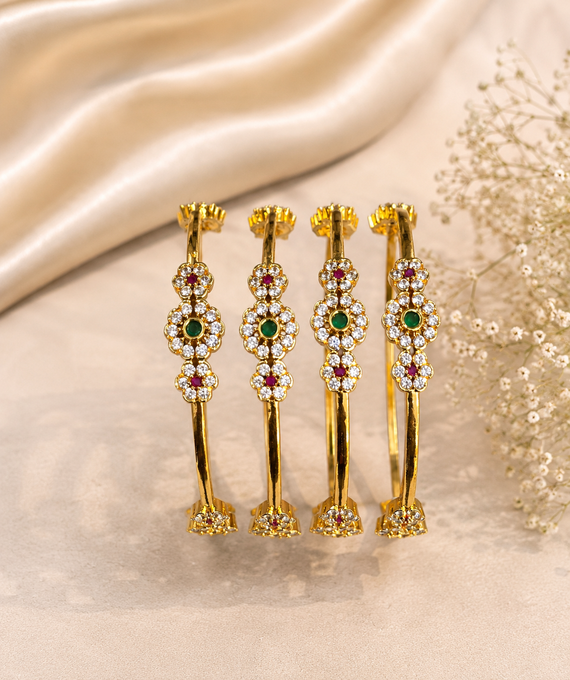 Floral Gemstone AD Bangle Set