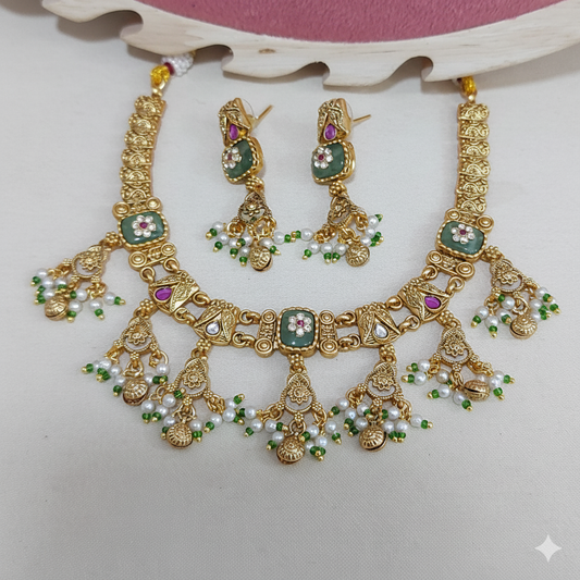 Vedic Green Antique Necklace Duo
