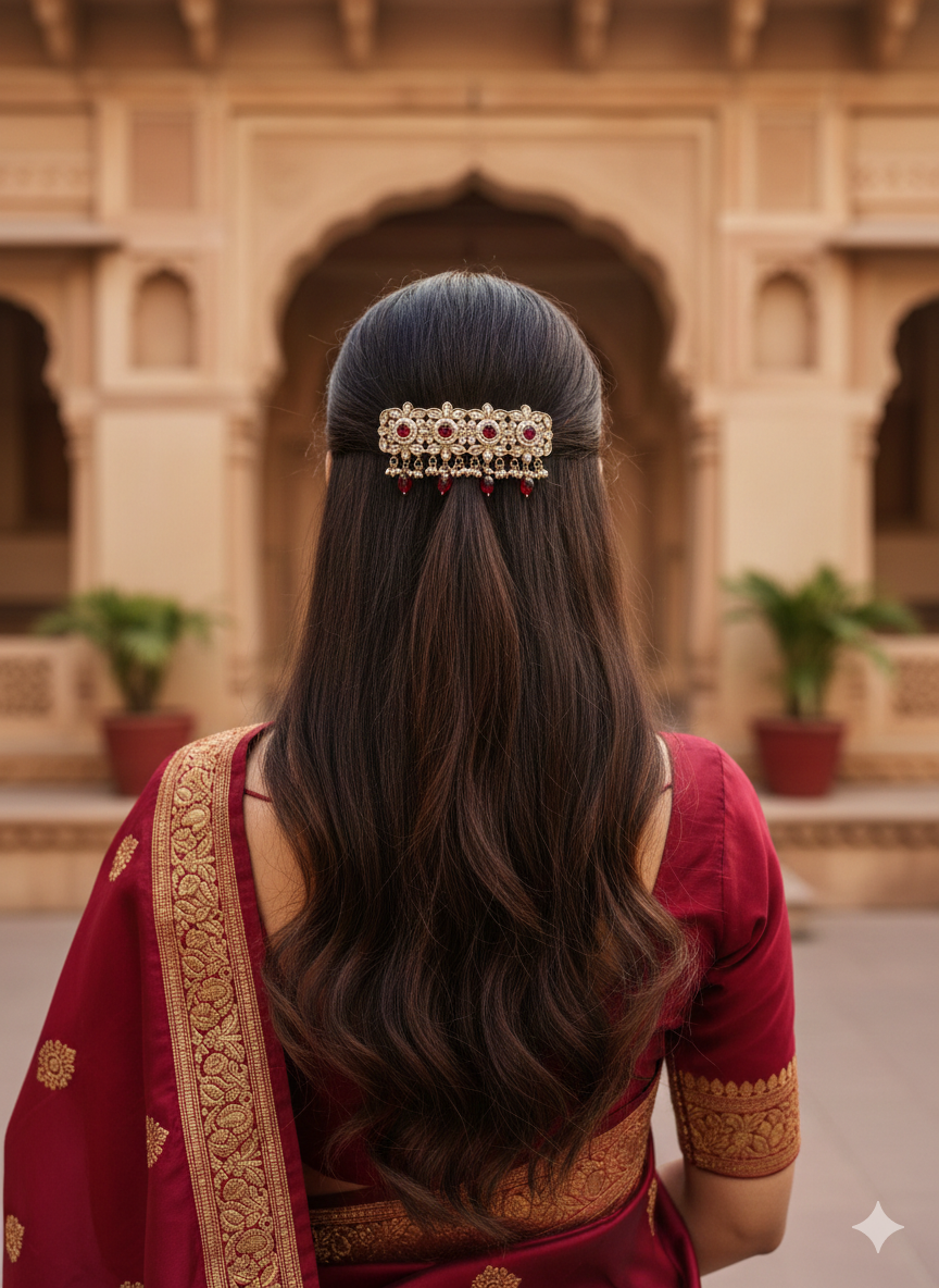 Vintage Maharani Kundan & Ruby Red Stone Hair Barrette