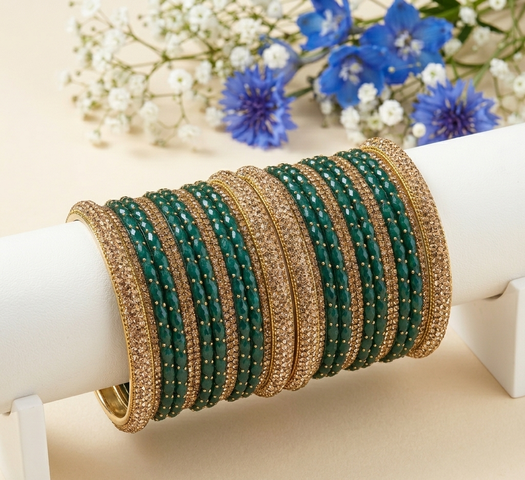 Green Raindrop & Gold Stone Bangle Set