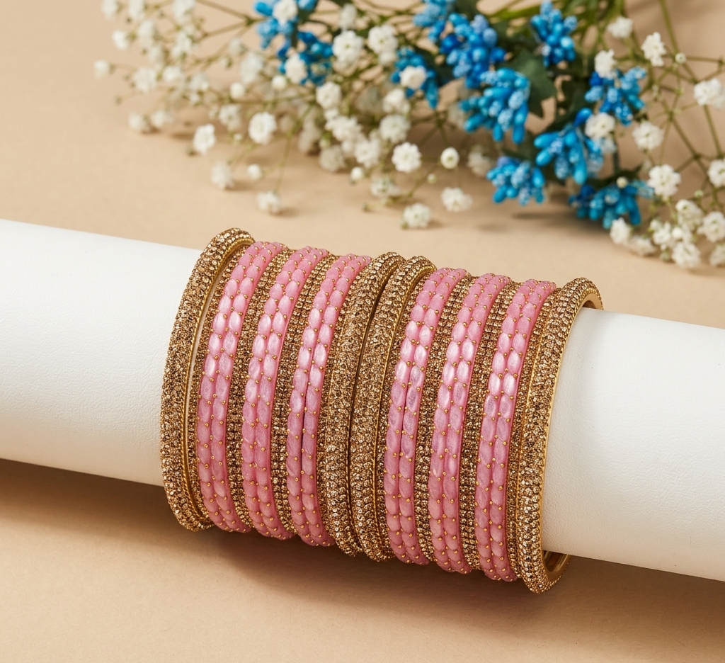 Light Pink Raindrop & Gold Stone Bangle Set