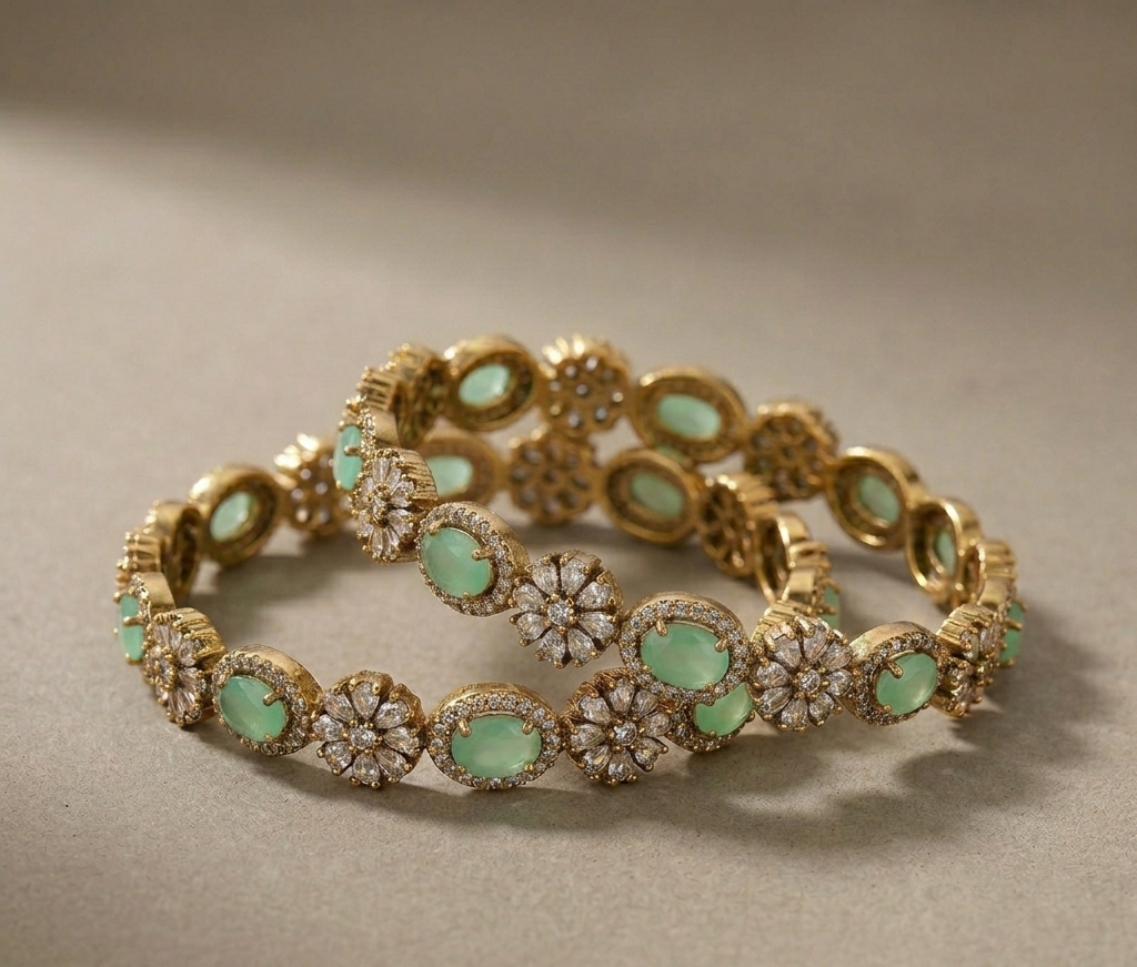 Pastel Green Floral Gold Plated Bangles
