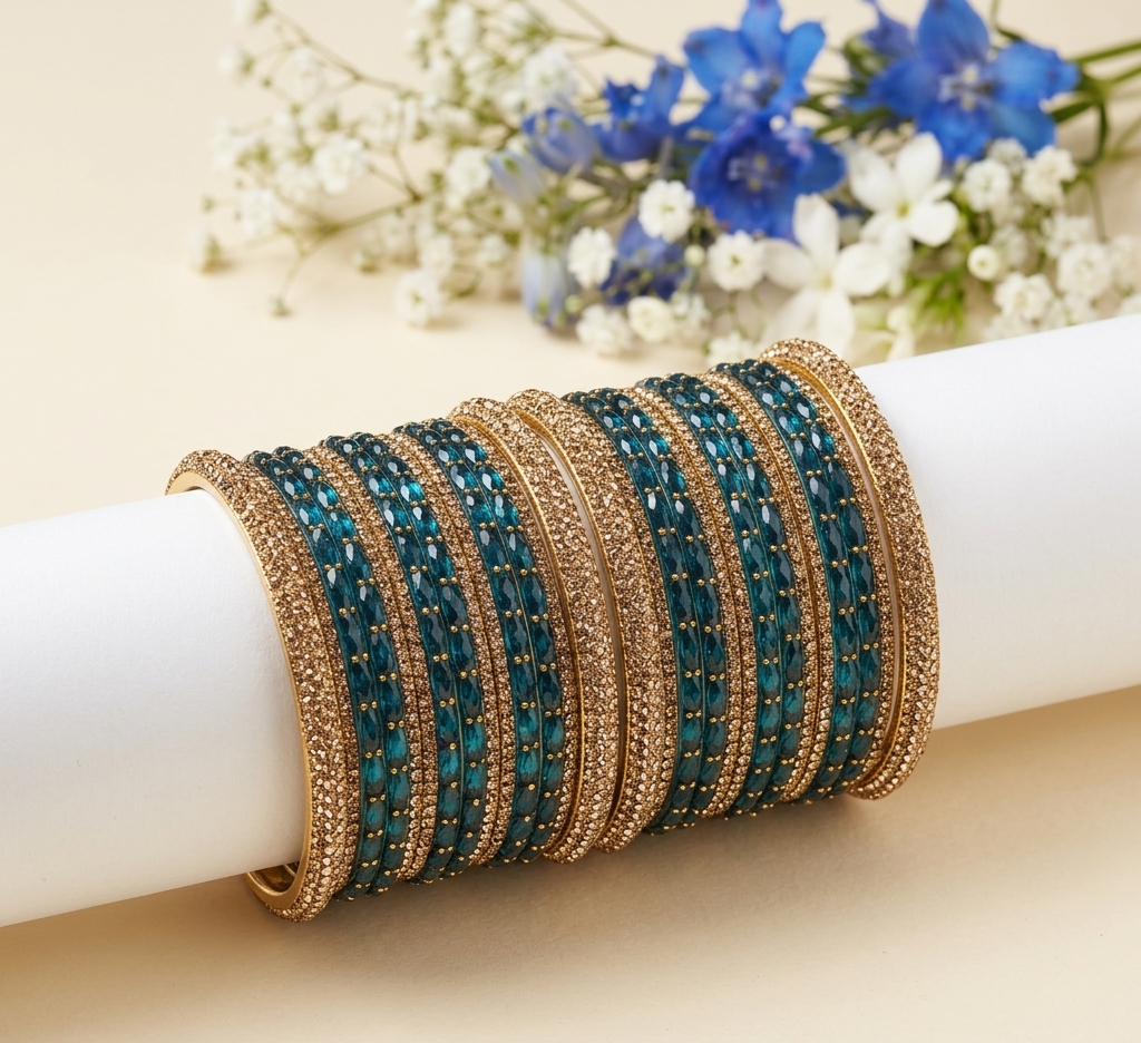 Peacock Blue Raindrop & Gold Stone Bangle Set