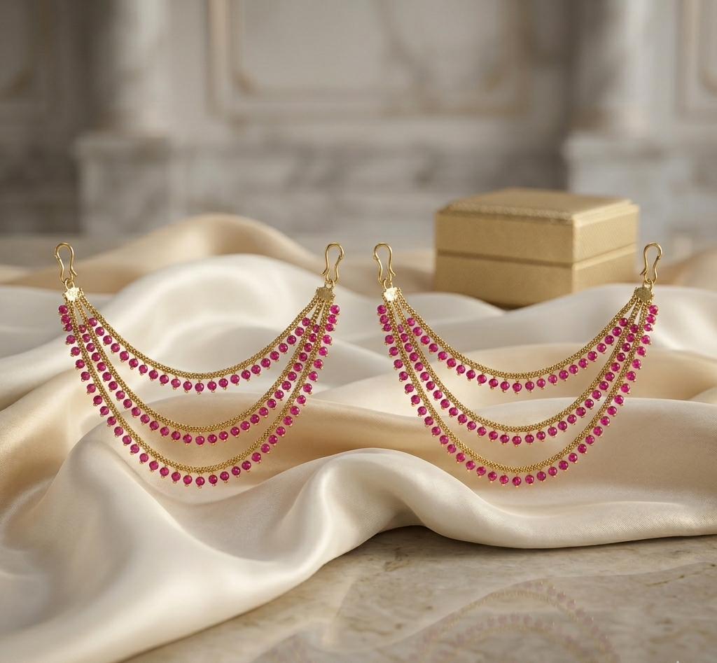 3 Layer Ruby Beaded Ear Chain