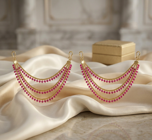 3 Layer Ruby Beaded Ear Chain