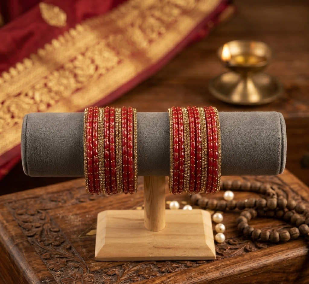 Raindrop Red with Gold Stone Bangles Set