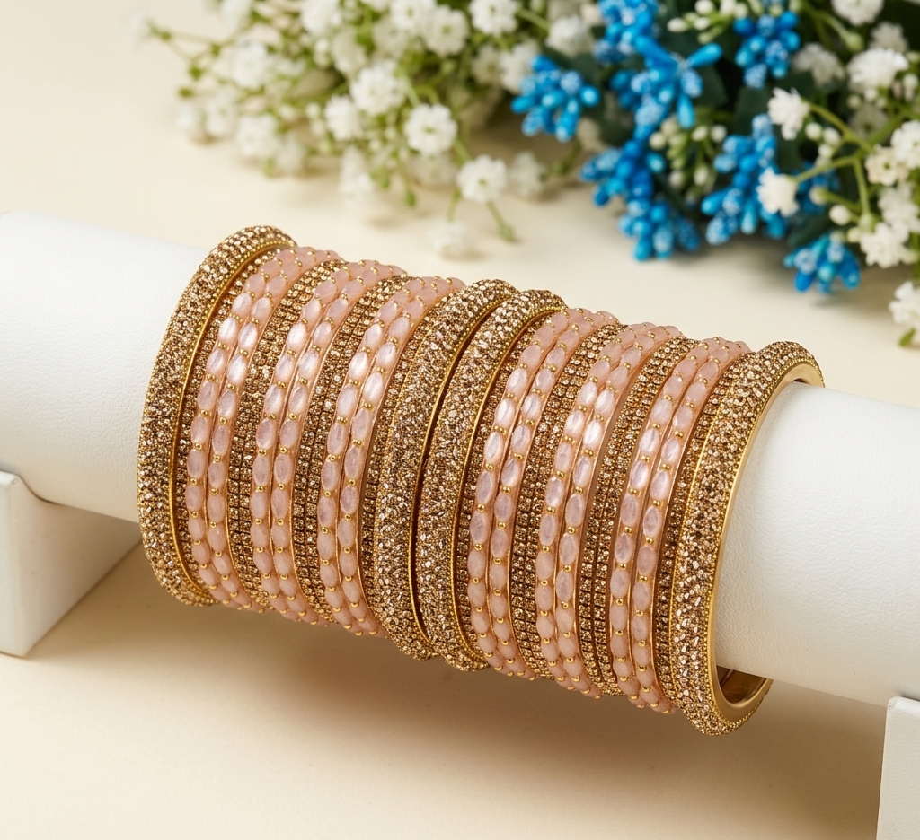 Peach Raindrop & Gold Stone Bangle Set