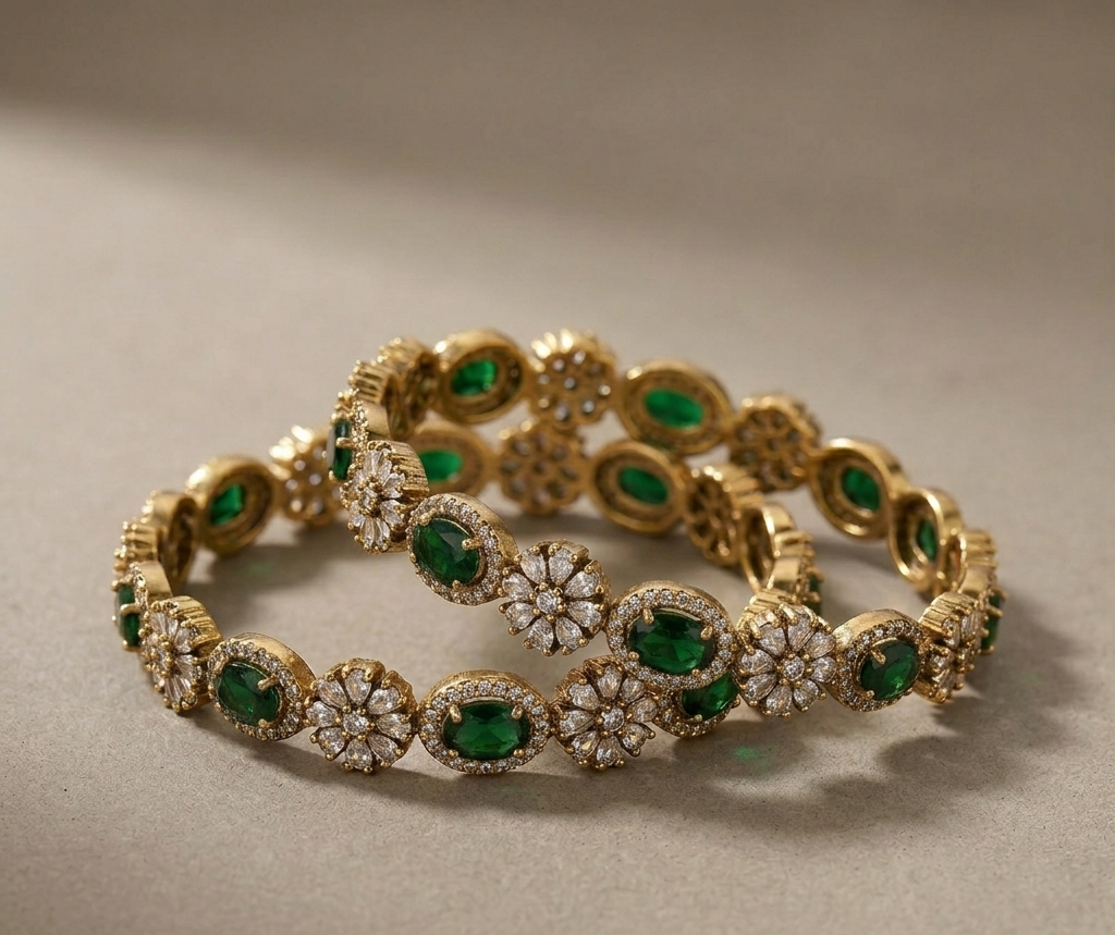 Dark Green Floral Gold Plated Bangles