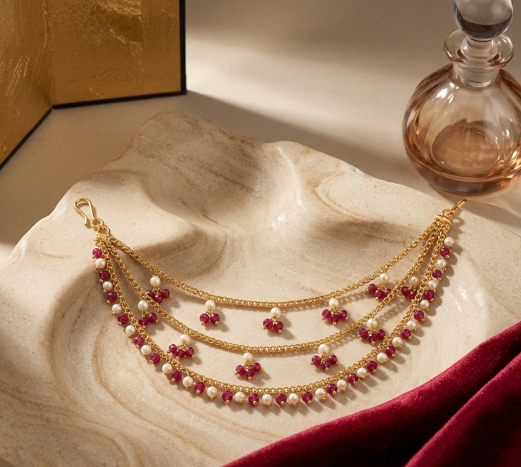 Ruby Pearl Three layer Ear Chain
